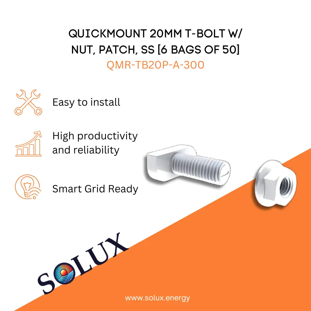 Marketing graphic for the QuickMount T nut and Bolt 20mm, Patch, SS [6 bags of 50] (QMR-TB20P-A-300), featuring a silver stainless steel T-bolt and a serrated flange lock nut used for securing solar racking components.png]. The image includes SOLUX branding and icons for easy installation, high productivity and reliability, and smart grid readiness