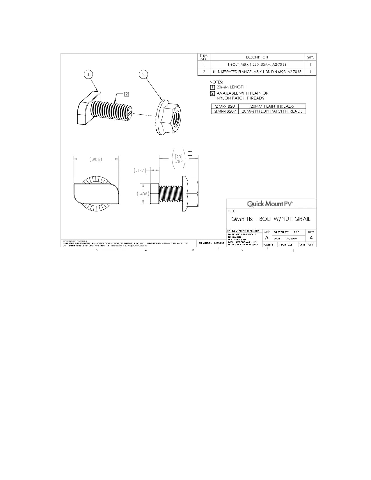 Technical engineering drawing for the QMR-TB20P-A-300 QRail T-Bolt and Nut: (QMR-TB: T-Bolt w/ Nut, QRail), featuring dimensional views and a component assembly diagram. The document specifies a 20mm length M8 x 1.25 T-bolt (A2-70 SS) and a serrated flange nut (DIN 6923, A2-70 SS), noting that the QMR-TB20P model includes nylon patch threads for vibration resistance.