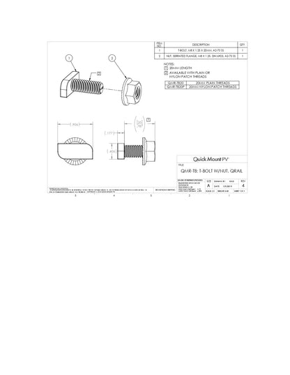 Technical engineering drawing for the QMR-TB20P-A-300 QRail T-Bolt and Nut: (QMR-TB: T-Bolt w/ Nut, QRail), featuring dimensional views and a component assembly diagram. The document specifies a 20mm length M8 x 1.25 T-bolt (A2-70 SS) and a serrated flange nut (DIN 6923, A2-70 SS), noting that the QMR-TB20P model includes nylon patch threads for vibration resistance.
