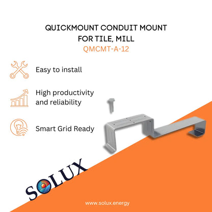 Marketing graphic for the QuickMount Roof Conduit Mount for Tile, Mill (QMCMT-A-12), featuring a silver mill-finish stainless steel reversible tile bracket designed for securing solar conduit runs. The image includes SOLUX branding and icons for easy installation, high productivity and reliability, and smart grid readiness.
