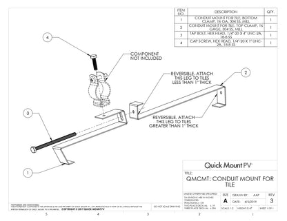 Technical engineering drawing for the QMCMT-A-12 Integrated Bonding Conduit Mount (Quick Mount PV Conduit Mount for Tile), featuring an exploded assembly view of the reversible tile mounting system. The diagram details a two-piece 304 stainless steel clamp assembly (16 gauge) with a reversible design for tiles less than or greater than 1" thick, secured by a 1/4"-20 x 4" tap bolt.