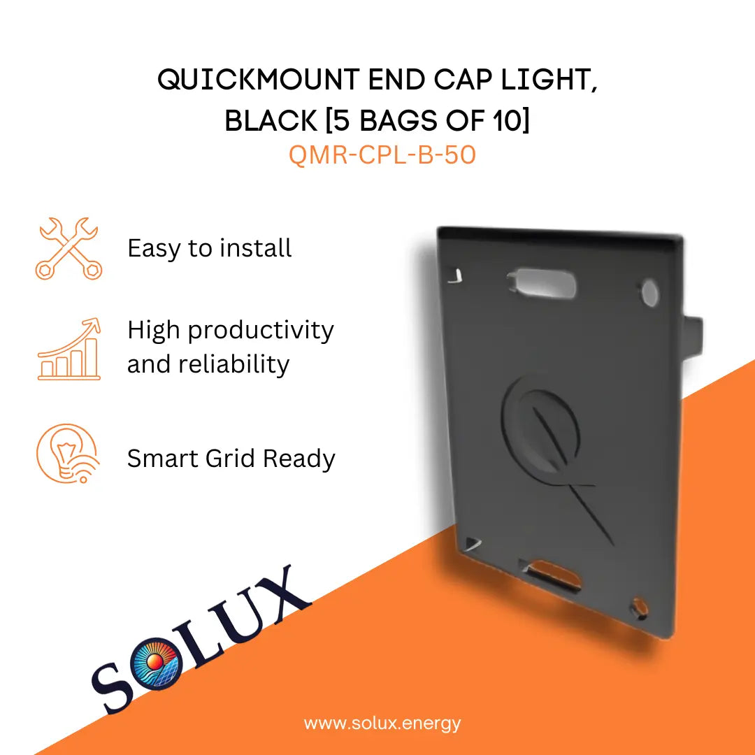 Marketing graphic for the QuickMount Roof Rail End Cap Light, Black [5 bags of 10] (QMR-CPL-B-50), showcasing a black plastic rail end cap with an embossed "Q" logo. Includes SOLUX branding and icons for easy installation, high productivity/reliability, and smart grid readiness.