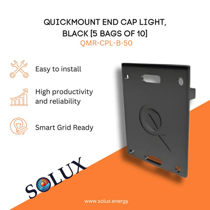 Marketing graphic for the QuickMount Roof Rail End Cap Light, Black [5 bags of 10] (QMR-CPL-B-50), showcasing a black plastic rail end cap with an embossed "Q" logo. Includes SOLUX branding and icons for easy installation, high productivity/reliability, and smart grid readiness.