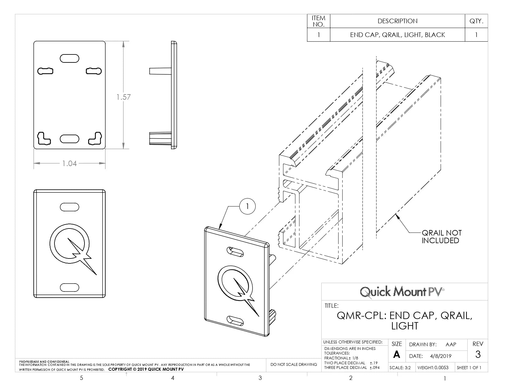 Technical engineering drawing for the QMR-CPL-B-50 roof rail end cap (QMR-CPL: End Cap, QRail, Light), featuring dimensional diagrams of 1.57 inches in height and 1.04 inches in width. The drawing includes an isometric view showing the black plastic cap with an embossed "Q" logo being inserted into the open end of a QRail Light profile.