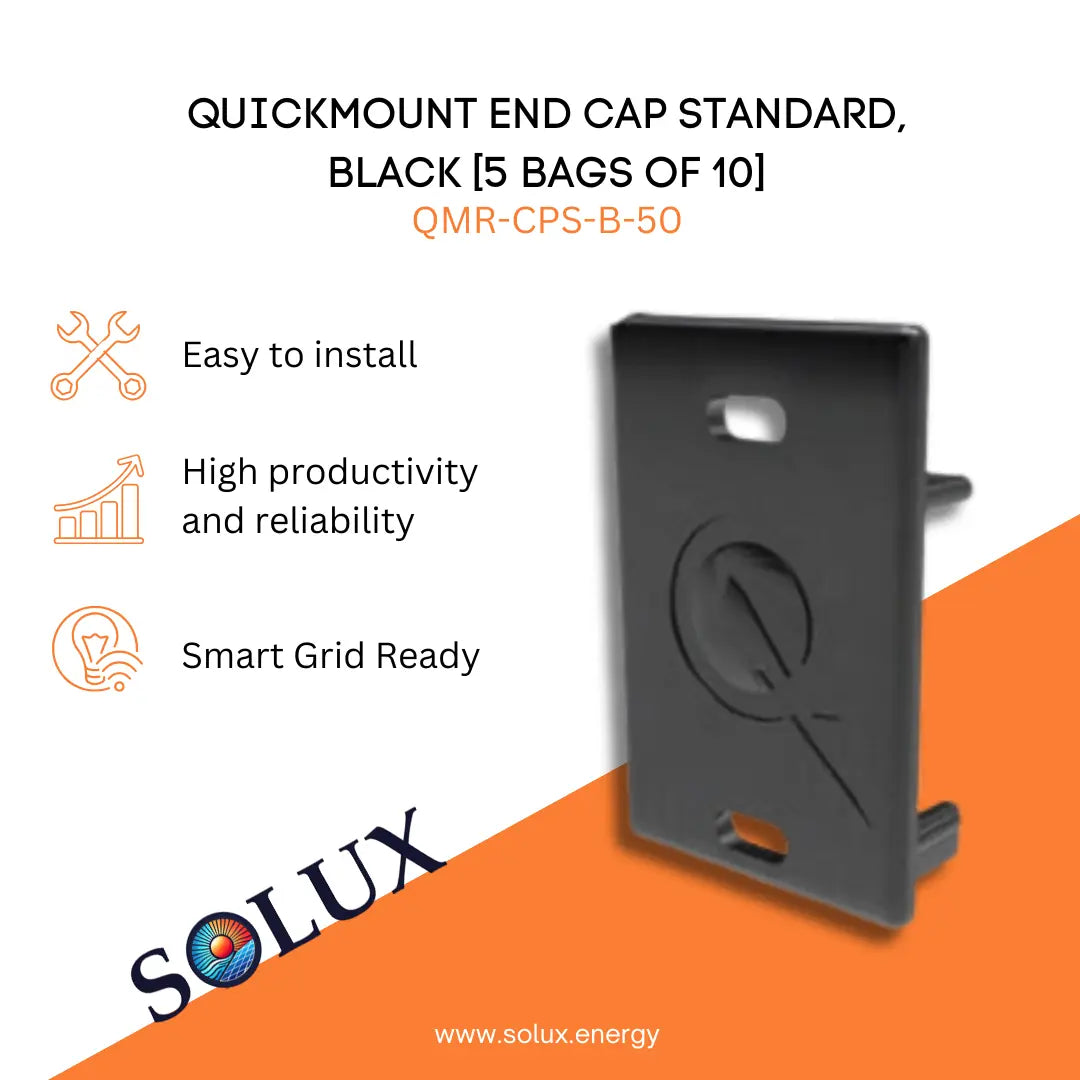 Marketing graphic for the QuickMount Aluminum End Cap Standard, Black [5 bags of 10] (QMR-CPS-B-50), showcasing a black plastic rail end cap with an embossed "Q" logo. Includes SOLUX branding and icons for easy installation, high productivity/reliability, and smart grid readiness