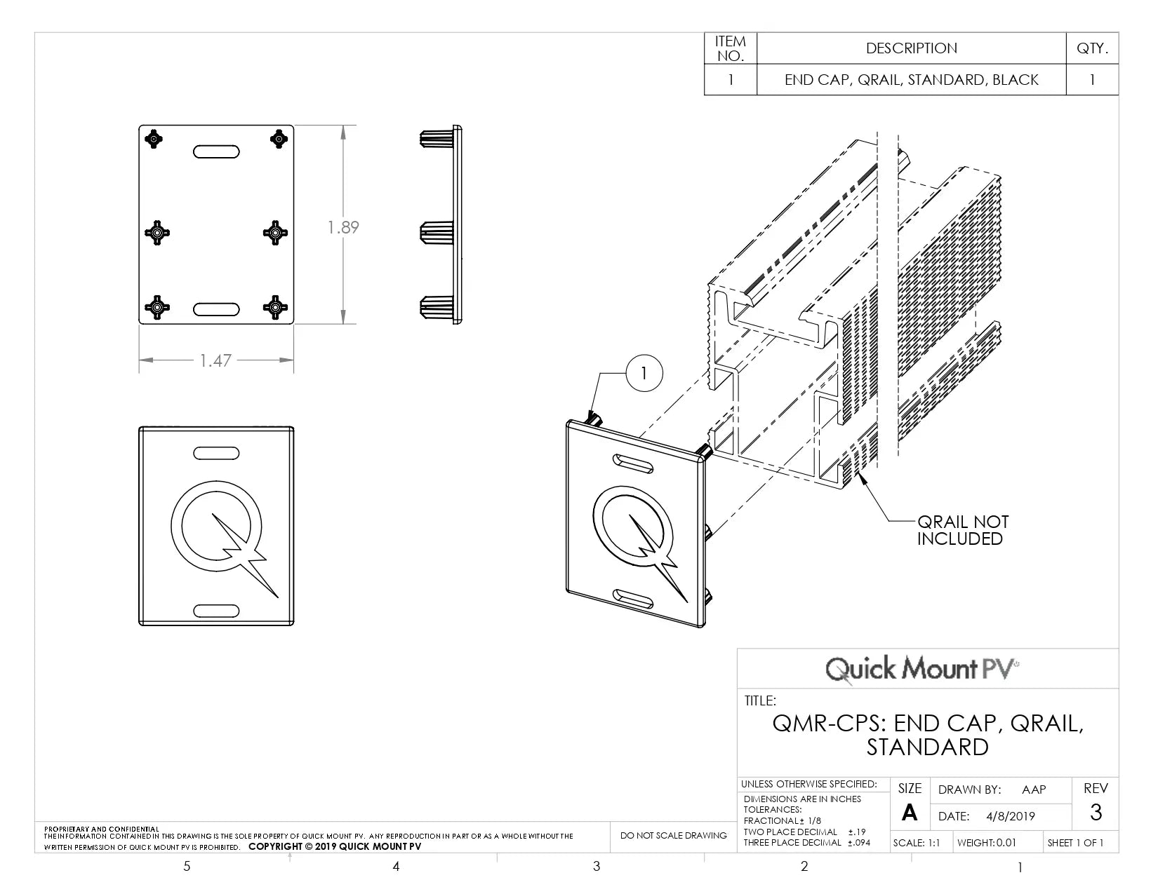 Technical engineering drawing for the QMR-CPS-B-50 aluminum end cap (QMR-CPS: End Cap, QRail, Standard), featuring dimensional diagrams of 1.89 inches in height and 1.47 inches in width. The drawing includes an isometric view showing the black plastic cap with an embossed "Q" logo being inserted into the open end of a QRail Standard profile.