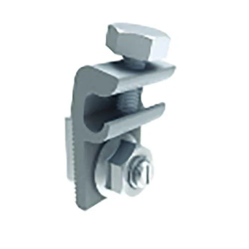 A high-resolution product image of QMR-GLQ-A-50 (QuickMount PV Grounding Lug), featuring a tin-plated aluminum body with an integrated M8 T-bolt, serrated flange nut, and a hex head cap screw. The lug is designed for the QRail system to provide secure electrical bonding for copper grounding wires ranging from 6 to 12 AWG.