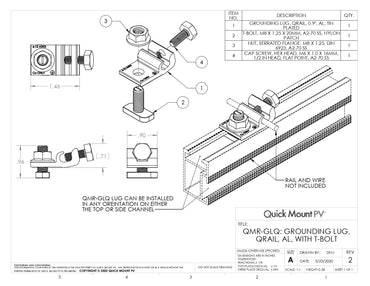 Technical engineering drawing for the QMR-GLQ-A-50 T-Bolt Grounding Lug, featuring an exploded assembly view and a diagram of the lug installed on a QRail section. The document specifies a tin-plated aluminum grounding lug compatible with 6-12 AWG copper wire, a 20mm M8 T-bolt with nylon patch, and a serrated flange nut for secure electrical bonding in any orientation on the rail.