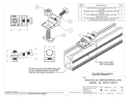 Technical engineering drawing for the QMR-GLQ-A-50 T-Bolt Grounding Lug, featuring an exploded assembly view and a diagram of the lug installed on a QRail section. The document specifies a tin-plated aluminum grounding lug compatible with 6-12 AWG copper wire, a 20mm M8 T-bolt with nylon patch, and a serrated flange nut for secure electrical bonding in any orientation on the rail.