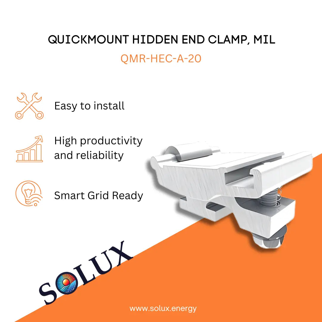 Marketing graphic for the QuickMount UFO End Clamp 30-45mm, Black (QMR-UEC3045-B-20), featuring a black-anodized aluminum universal end-clamp with integrated bonding for module frames between 30-45mm. The image includes SOLUX branding and icons for easy installation, high productivity/reliability, and smart grid readiness.