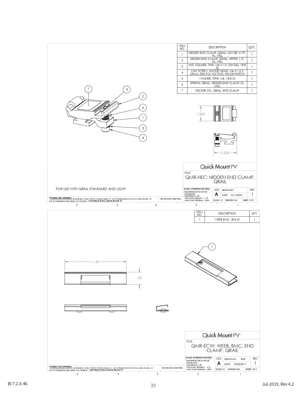 Technical engineering drawing for the QMR-UEC3045-B-20 QuickMount QRail End Clamp, featuring an exploded view of the aluminum assembly. The diagram details a 1.383-inch width and 1.575-inch height, highlighting components like the QClick base, upper/lower clamp sections, and a cap screw.