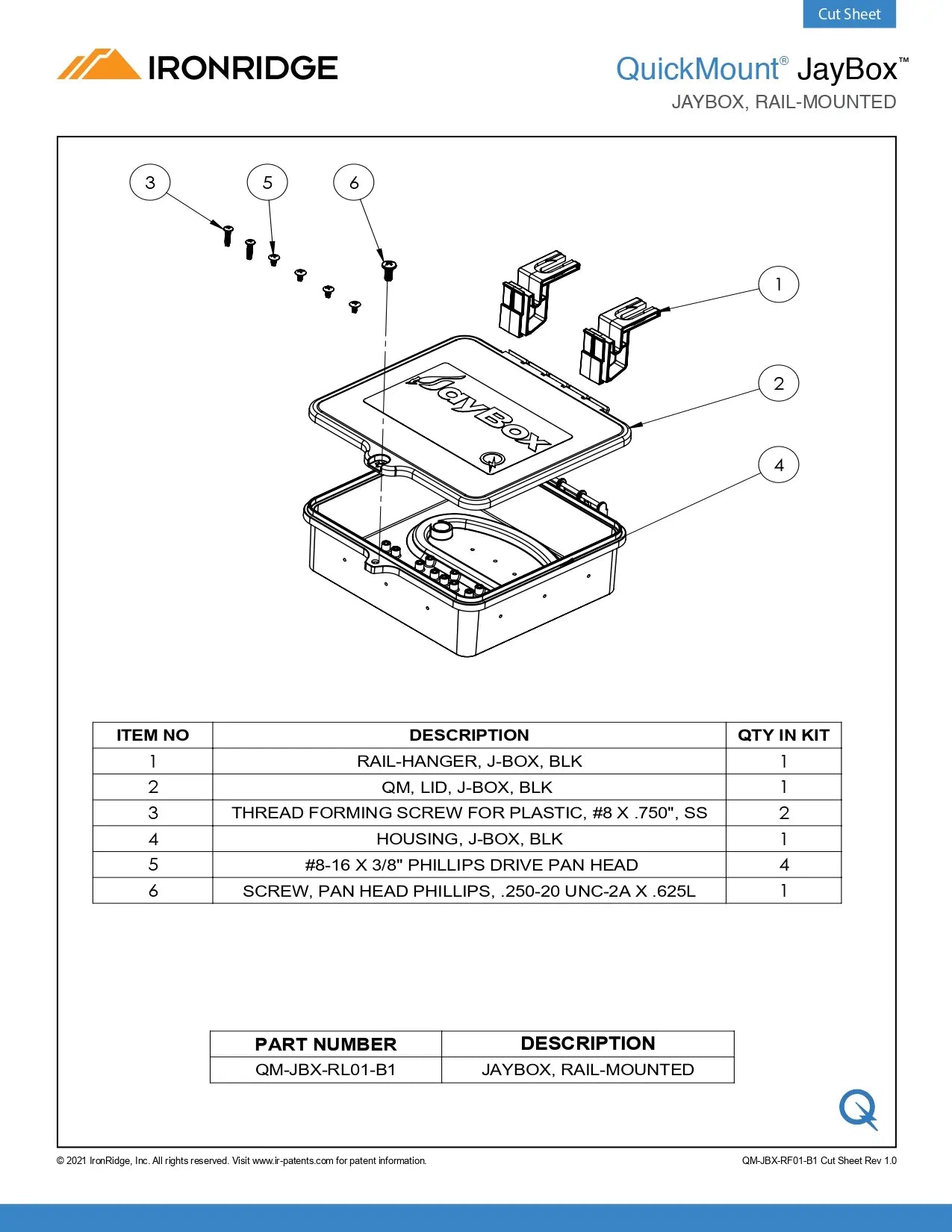 Technical engineering cut sheet for the QM-JBX-RF01-B1 Flashed Junction Box (QuickMount JayBox, Rail-Mounted), featuring an exploded assembly view of the solar junction box. The diagram identifies the rail-hanger clips (Item 1), the black J-box housing and lid (Items 2 & 4), and the complete stainless steel hardware kit, including thread-forming screws for plastic and phillips drive pan head screws.