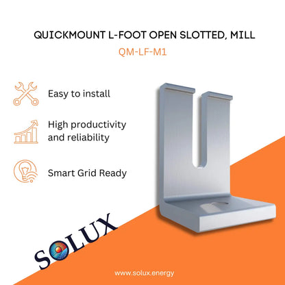 Marketing graphic for the QuickMount Solar L-Foot Open Slotted, Mill (QM-LF-M1), featuring a silver mill-finish aluminum L-foot bracket with an open vertical slot for rail attachment. The image includes SOLUX branding and icons for easy installation, high productivity and reliability, and smart grid readiness.