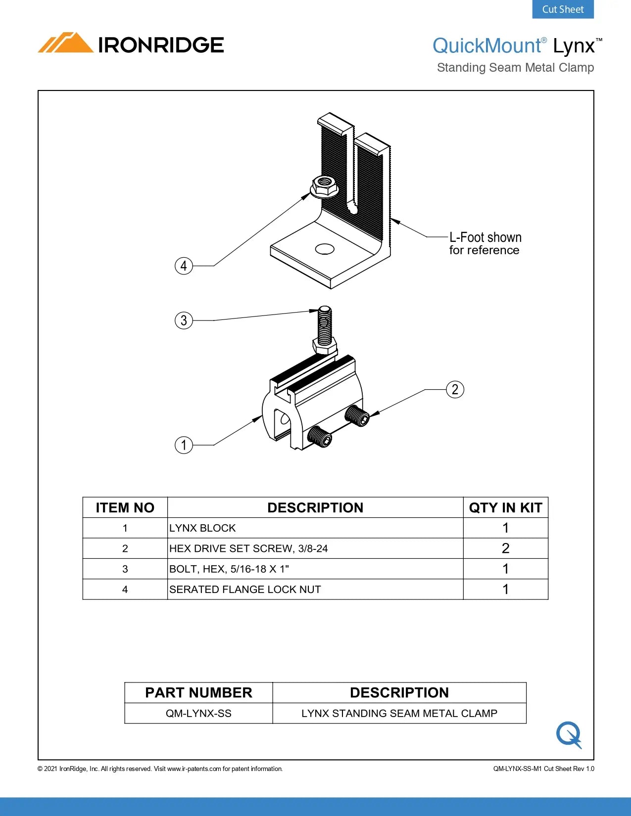 Technical engineering drawing for the QM-LF-M1 Open Slotted Solar Bracket (L-Foot), shown for reference as part of the QuickMount Lynx standing seam metal clamp assembly. The diagram illustrates the L-Foot bracket featuring a vertical open slot for rail height adjustment, secured by a serrated flange lock nut and hex bolt.