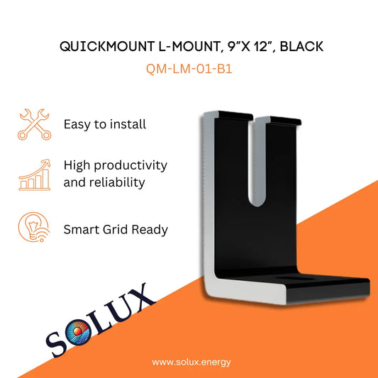 Marketing graphic for the QuickMount L-Mount, 9”x 12”, Black (QM-LM-01-B1), featuring a black-finished aluminum L-foot bracket with an open vertical slot for rail height adjustment. The image includes SOLUX branding and icons for easy installation, high productivity and reliability, and smart grid readiness.