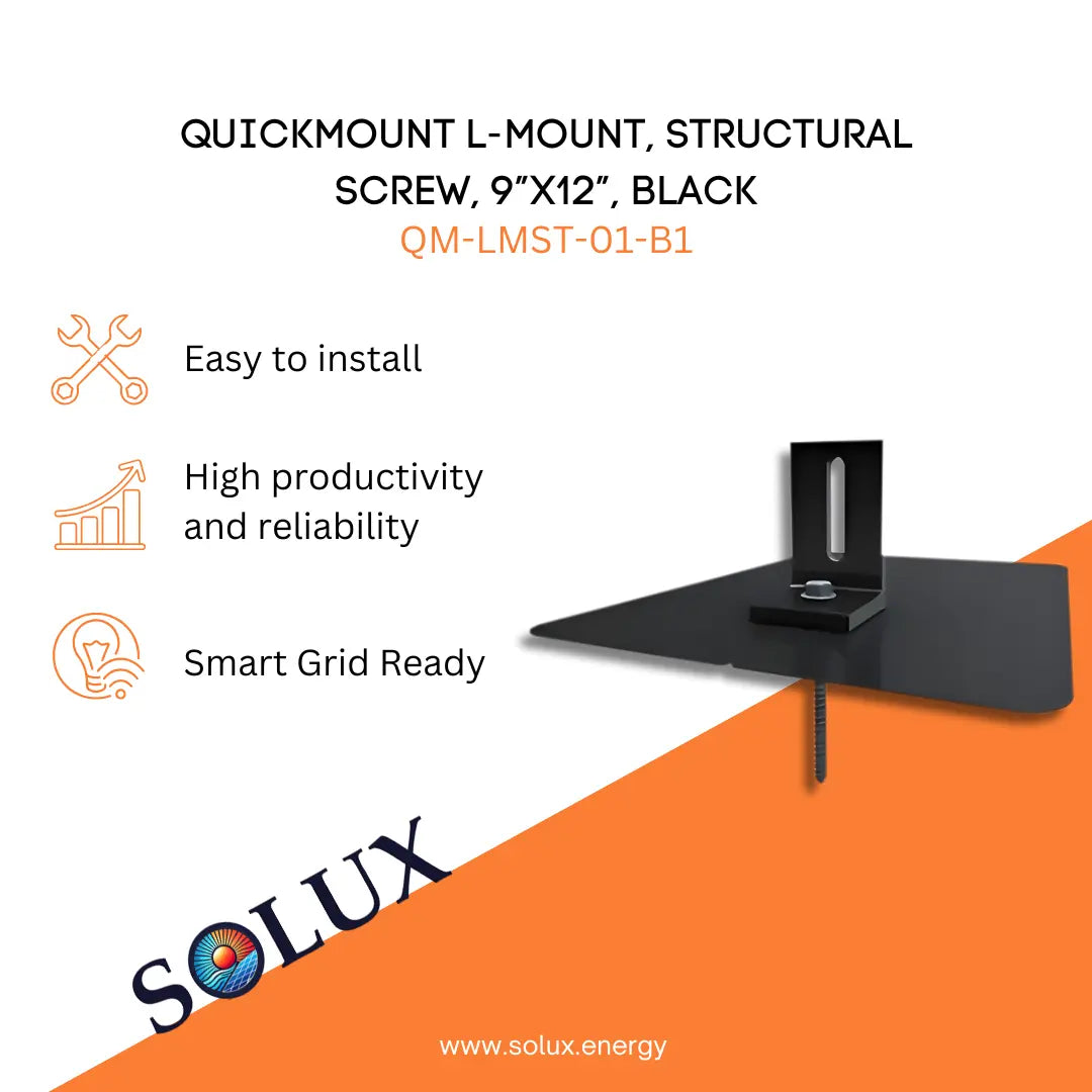 Marketing graphic for QuickMount L-Mount Structural Screws for Framing 9”x12” (QM-LMST-01-B1), featuring a black-finished L-foot bracket and mounting plate with a structural wood screw. The image includes SOLUX branding and icons for easy installation, high productivity/reliability, and smart grid readiness.