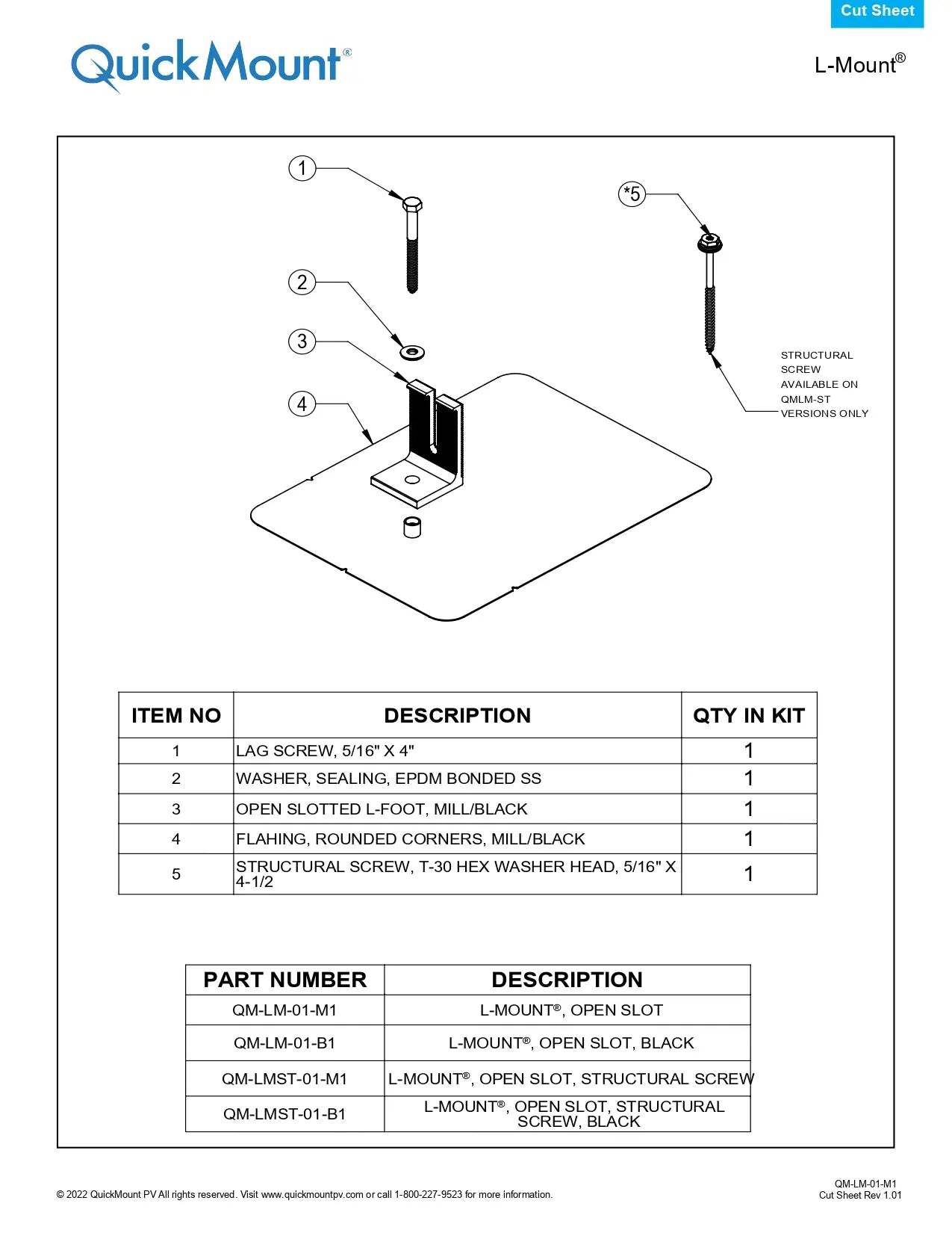 Technical engineering cut sheet for the QM-LMST-01-B1 UL 2703 Solar Racking Hardware (L-Mount, Open Slot, Structural Screw, Black), featuring an exploded assembly diagram of the L-foot, flashing plate with rounded corners, and structural wood screw. The document includes a component list specifying the T-30 hex washer head 5/16" x 4-1/2" structural screw and identifies the black-finish part number for residential composition shingle roof applications.
