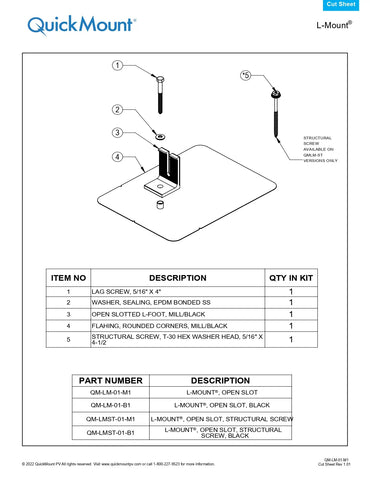 Technical engineering cut sheet for the QM-LMST-01-B1 UL 2703 Solar Racking Hardware (L-Mount, Open Slot, Structural Screw, Black), featuring an exploded assembly diagram of the L-foot, flashing plate with rounded corners, and structural wood screw. The document includes a component list specifying the T-30 hex washer head 5/16" x 4-1/2" structural screw and identifies the black-finish part number for residential composition shingle roof applications.