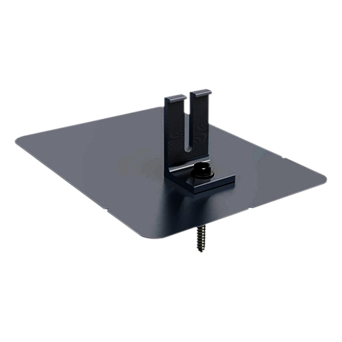 Product image of QM-LMST-01-B1: 3D rendering of a black-anodized solar mounting assembly featuring an L-foot bracket with a vertical adjustment slot, secured to a flat square flashing plate with a central bolt and downward-facing screw.