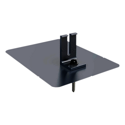 Product image of QM-LMST-01-B1: 3D rendering of a black-anodized solar mounting assembly featuring an L-foot bracket with a vertical adjustment slot, secured to a flat square flashing plate with a central bolt and downward-facing screw.