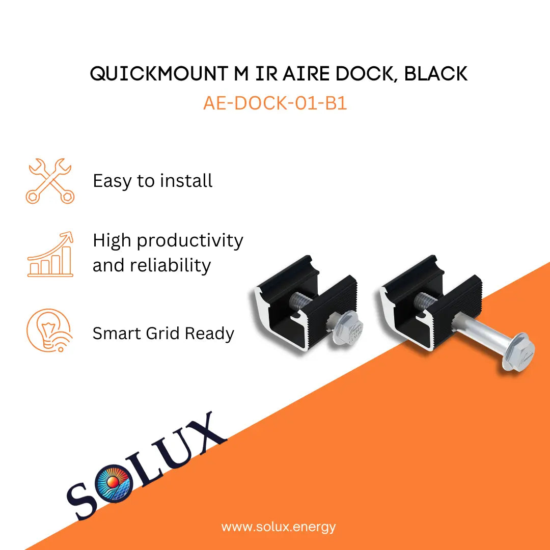 Marketing graphic for the QuickMount Ironridge Aire Dock, Black (AE-DOCK-01-B1), featuring two black-finished aluminum Aire Dock claws with stainless steel mounting bolts. The image includes SOLUX branding and icons for easy installation, high productivity and reliability, and smart grid readiness.