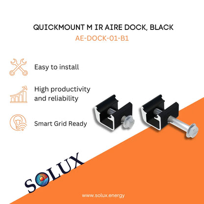 Marketing graphic for the QuickMount Ironridge Aire Dock, Black (AE-DOCK-01-B1), featuring two black-finished aluminum Aire Dock claws with stainless steel mounting bolts. The image includes SOLUX branding and icons for easy installation, high productivity and reliability, and smart grid readiness.