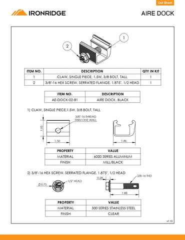 Technical engineering cut sheet for the AE-DOCK-01-B1 IronRidge Aire Black Hardware: (Aire Dock), featuring an exploded assembly view of the claw and bolt system. The diagram specifies a 6000 series aluminum claw (Item 1) and a 3/8"-16 stainless steel serrated flange hex screw (Item 2), providing precise dimensions of $1.50" \times 1.05"$ for the claw and a $1.88"$ length for the mounting bolt.