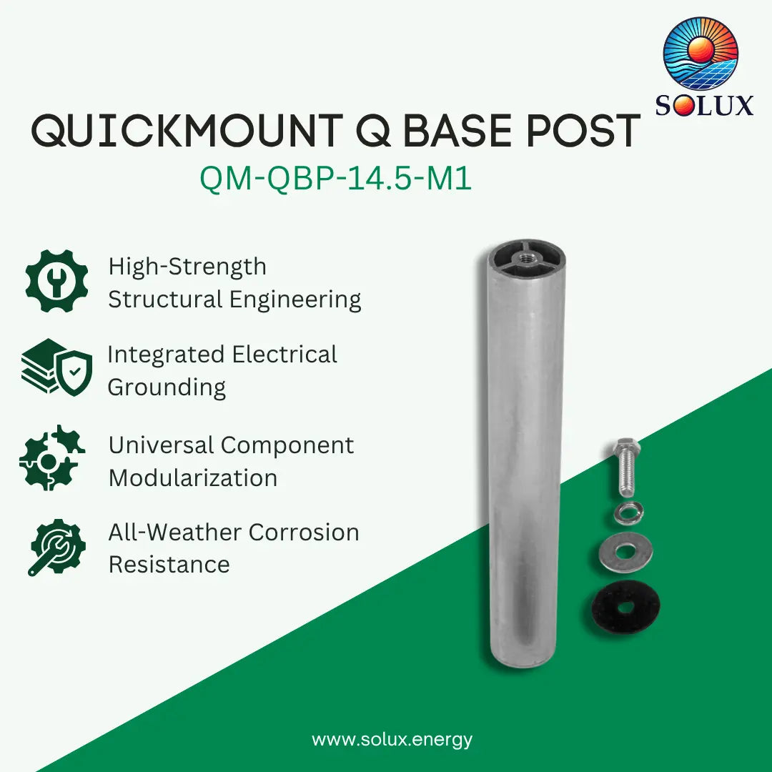 A promotional product graphic for a SOLUX QuickMount Q Base Post, model QM-QBP-14.5-M1.