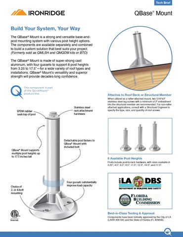 A technical product brochure page for the IRONRIDGE QBaseMount® Mount, showing product specifications, dimensions, installation details, available post heights, and certification logos on a white background.