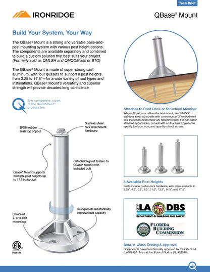 A technical product brochure page for the IRONRIDGE QBaseMount® Mount, showing product specifications, dimensions, installation details, available post heights, and certification logos on a white background.