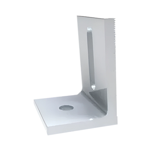 A mill finished L-foot with a central mounting hole and a textured vertical edge, shown on a plain white background.