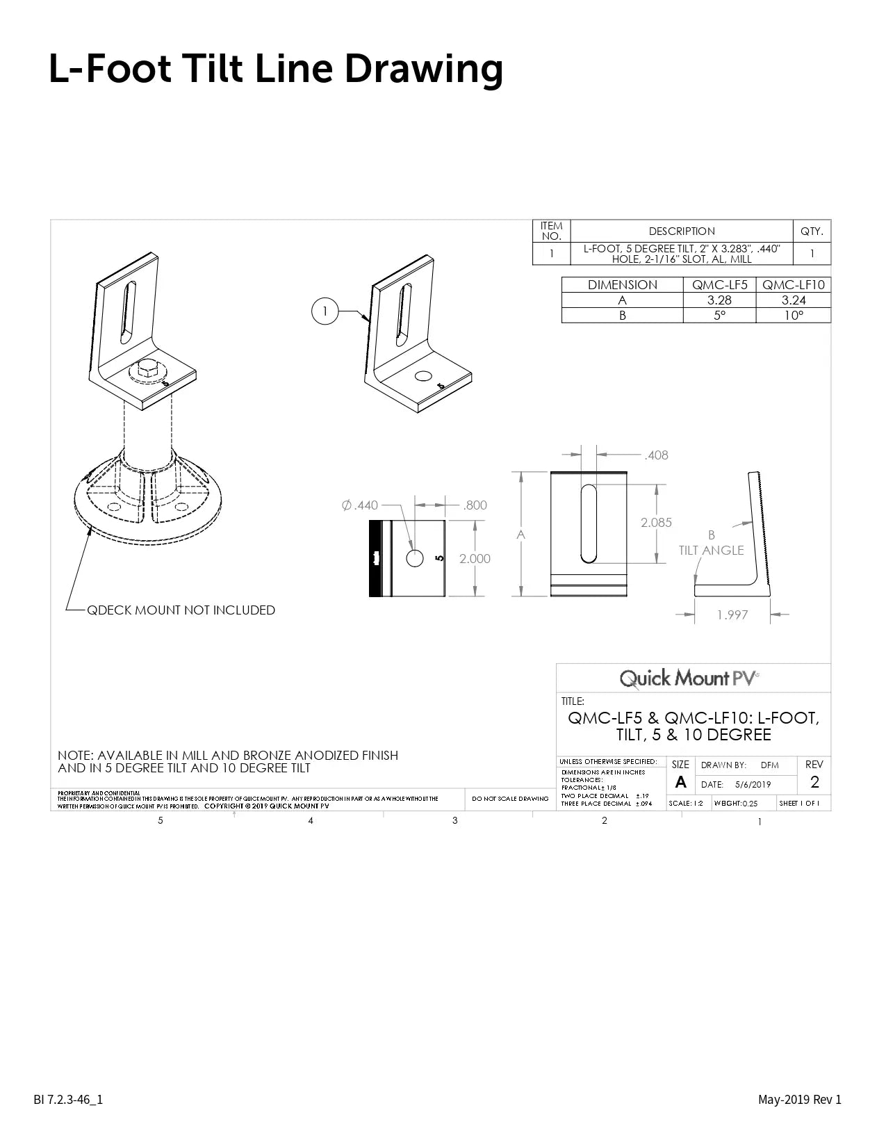 Technical line drawing sheet titled 'L-Foot Tilt Line Drawing' showing multiple orthographic views, dimensions, and a quick mount hot included note for a solar panel tilt product, with Quick Mount PV branding in the title block.