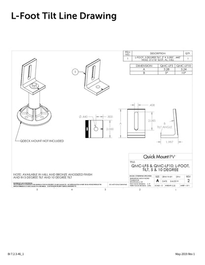 Technical line drawing sheet titled 'L-Foot Tilt Line Drawing' showing multiple orthographic views, dimensions, and a quick mount hot included note for a solar panel tilt product, with Quick Mount PV branding in the title block.