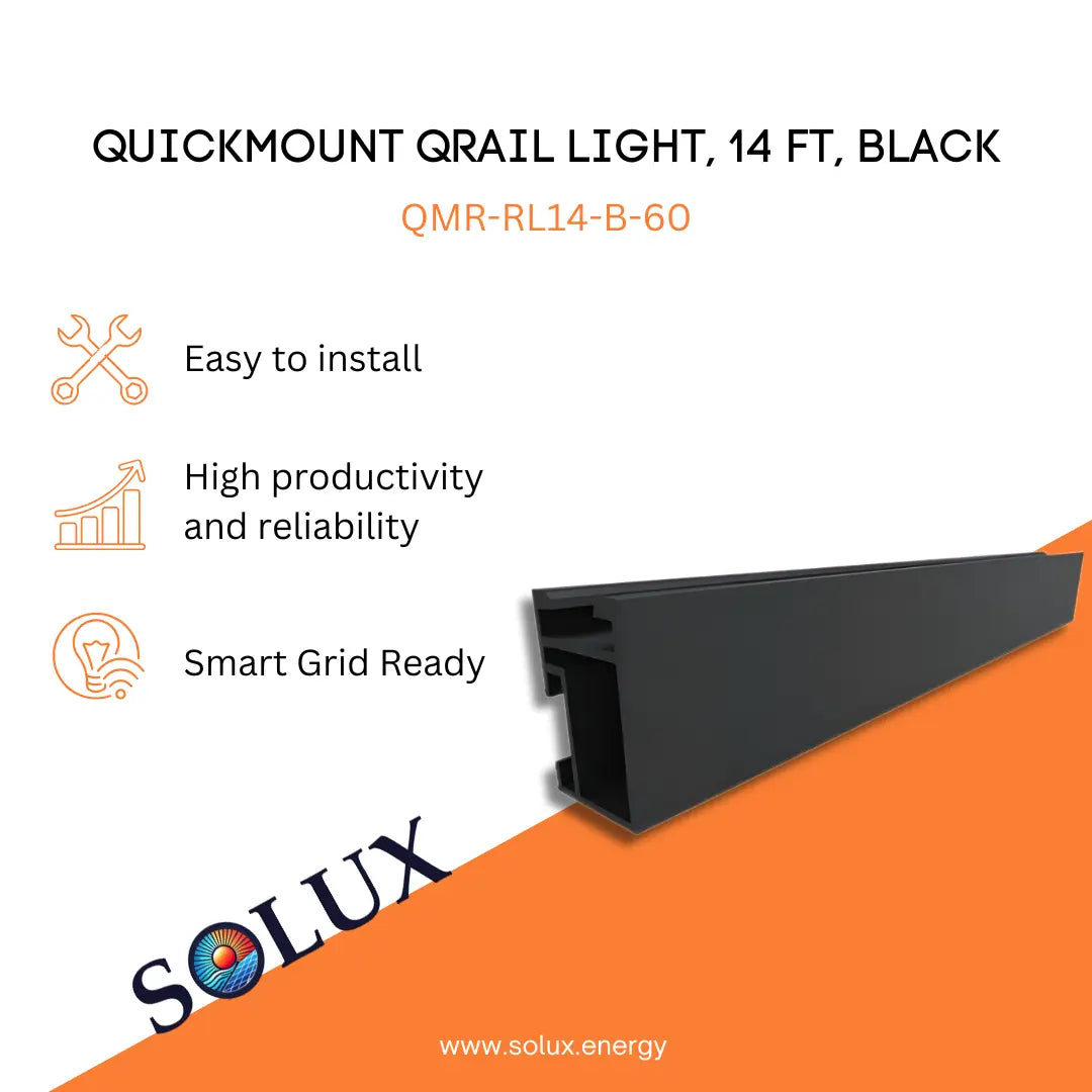 QuickMount PV Rail Light, 14 ft, Black, QMR-RL14-B-60 product graphic for Solux.energy. The image features a long, black-anodized aluminum mounting rail with a specialized structural profile designed for solar panel installation. The marketing graphic includes the Solux logo and descriptive icons for "Easy to install," "High productivity and reliability," and "Smart Grid Ready."