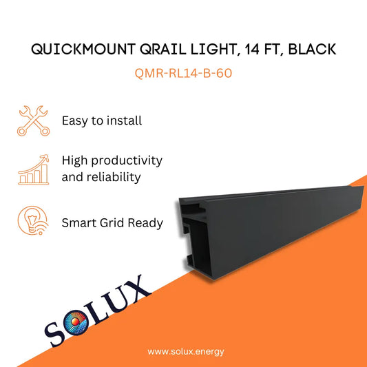 QuickMount PV Rail Light, 14 ft, Black, QMR-RL14-B-60 product graphic for Solux.energy. The image features a long, black-anodized aluminum mounting rail with a specialized structural profile designed for solar panel installation. The marketing graphic includes the Solux logo and descriptive icons for "Easy to install," "High productivity and reliability," and "Smart Grid Ready."