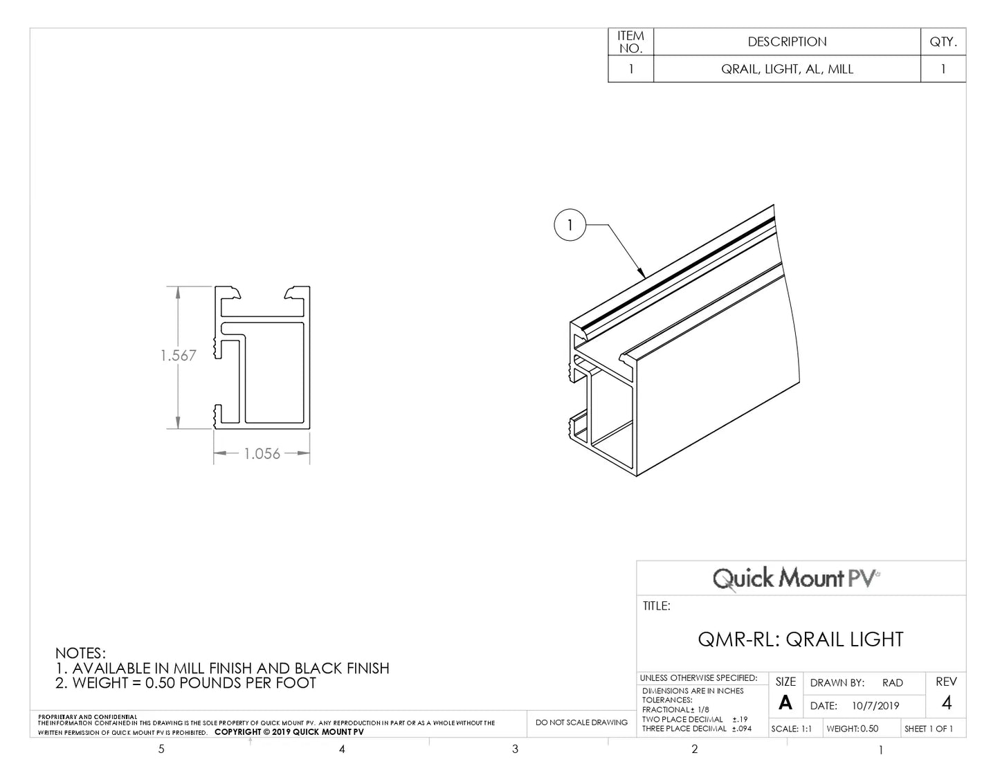 Technical drawing of QMR-RL14-B-60 pv rail. Features profile dimensions 1.567" x 1.056", 3D view, black finish option, and 0.50 lb/ft weight.