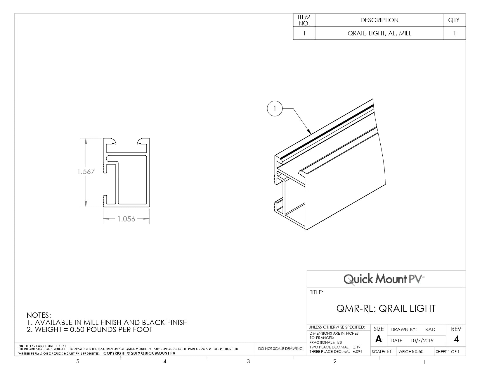 Technical drawing of QMR-RL14-B-60 pv rail. Features profile dimensions 1.567" x 1.056", 3D view, black finish option, and 0.50 lb/ft weight.