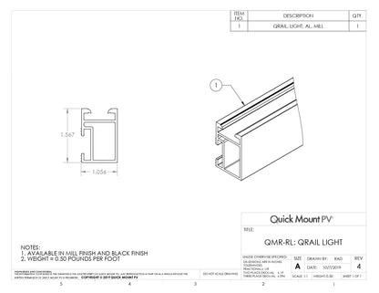 Technical drawing of QMR-RL14-B-60 pv rail. Features profile dimensions 1.567" x 1.056", 3D view, black finish option, and 0.50 lb/ft weight.