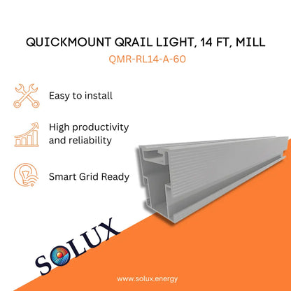 Quick Mount Rail Light, 14 ft, Mill, QMR-RL14-A-60 product graphic for Solux.energy. The image features a long, mill-finish aluminum mounting rail with a specialized structural profile for solar panel installation. The marketing graphic includes the Solux logo and descriptive icons for "Easy to install," "High productivity and reliability," and "Smart Grid Ready."