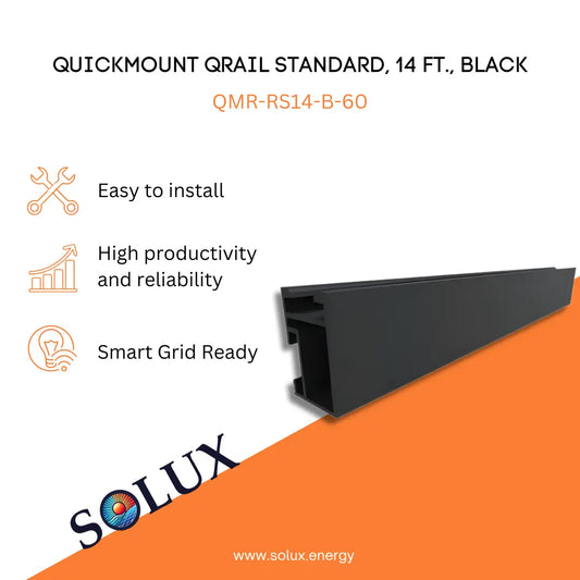 QuickMount PV Rail Mounting QRail Standard, 14 ft., Black (QMR-RS14-B-60) marketing graphic featuring a 14-foot black-anodized aluminum structural mounting rail with an internal reinforced channel, displayed with icons for installation ease and system reliability.