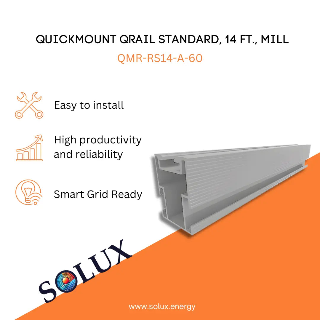 QuickMount Roof Rail QRail Standard, 14 ft., Mill (QMR-RS14-A-60) marketing graphic featuring a 14-foot mill-finish aluminum structural mounting rail with an internal reinforced channel, displayed with icons for installation ease and system reliability.