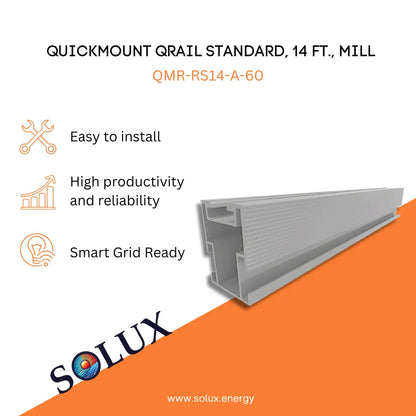 QuickMount Roof Rail QRail Standard, 14 ft., Mill (QMR-RS14-A-60) marketing graphic featuring a 14-foot mill-finish aluminum structural mounting rail with an internal reinforced channel, displayed with icons for installation ease and system reliability.