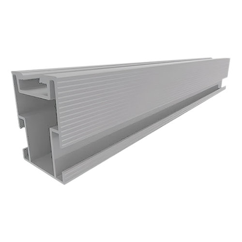 Product image of the QMR-RS14-A-60 (QuickMount QRail Standard, 14 ft., Mill), featuring a silver-colored structural aluminum mounting rail with a side-loading channel and a top-loading T-bolt track.