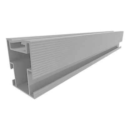 Product image of the QMR-RS14-A-60 (QuickMount QRail Standard, 14 ft., Mill), featuring a silver-colored structural aluminum mounting rail with a side-loading channel and a top-loading T-bolt track.