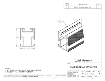Technical engineering drawing for the QMR-RS14-A-60 roof rail (QuickMount QRail Standard), featuring a cross-section diagram with dimensions of 1.890 inches in height and 1.470 inches in width, and a 3D perspective view highlighting the internal reinforced mounting channels.