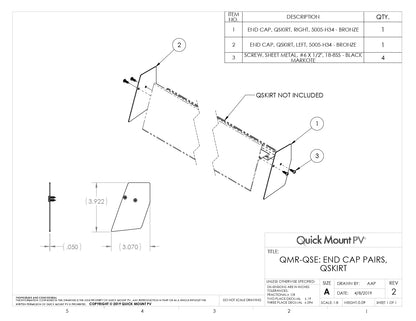 Technical engineering drawing for the QMR-QSE-B-12 solar rail end caps (QuickMount QSkirt End Cap), featuring a 3D perspective view of a black L-shaped protective end cap and a cross-section diagram showing its attachment to the QSkirt profile using a self-drilling Phillips head screw.