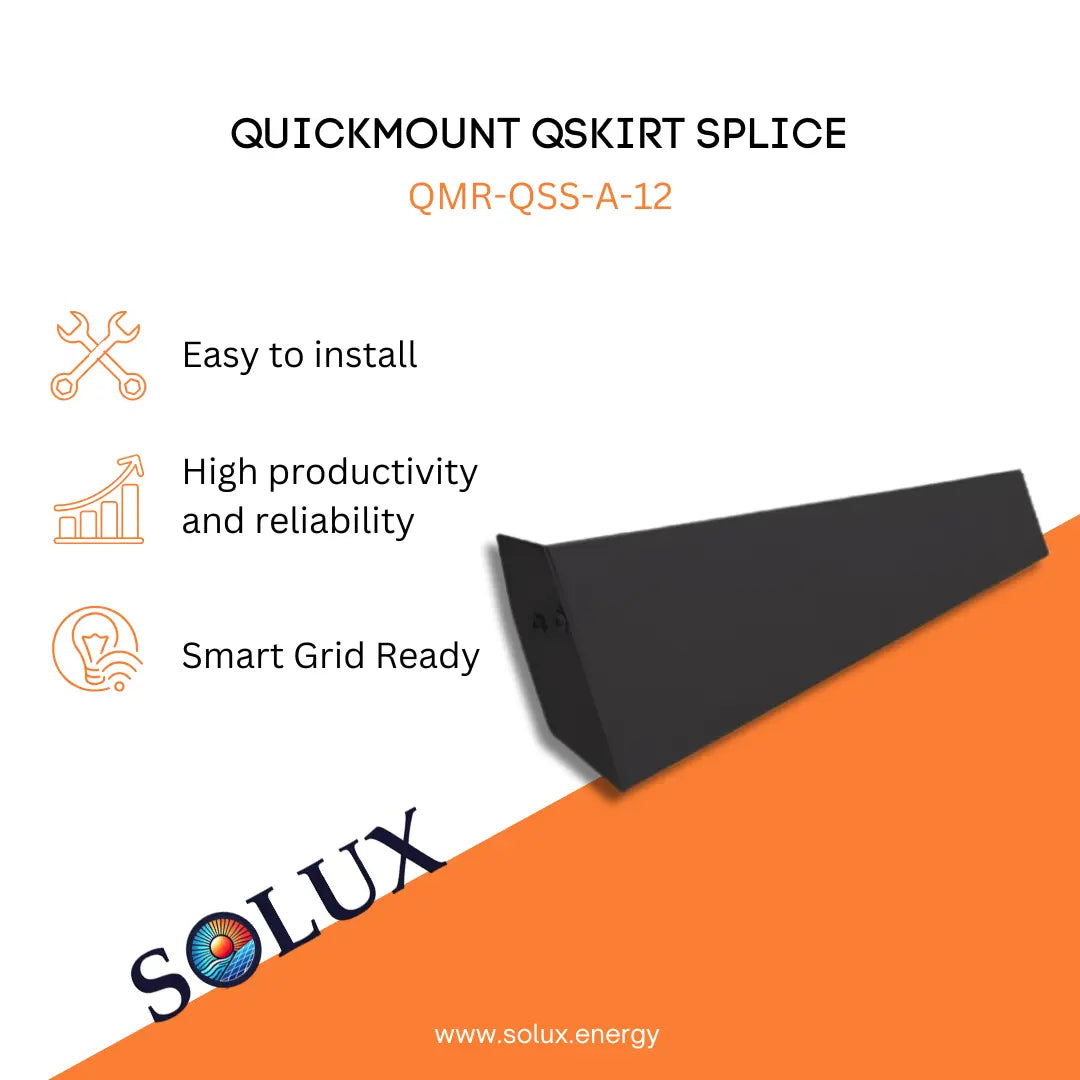 QuickMount Solar Rail Splice QSkirt QMR-QSS-A-12 marketing graphic featuring a black-finished aluminum splice component designed to connect and align sections of the QSkirt protective array trim, displayed with icons for installation ease and system reliability.