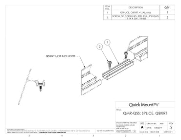 Technical product guide for the QMR-QSS-A-12 solar rail splice (QuickMount QSplice External), shown within the "Complete Mounting & Racking System" catalog. The guide categorizes the QMR-QSS-A-12 as an external splice designed for Standard and Heavy QRails, supporting structural system continuity.