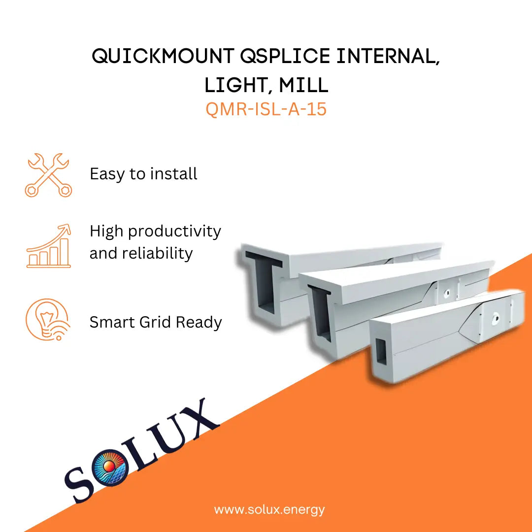 QuickMount Solar Splice, QSplice Internal, Light, Mill (QMR-ISL-A-15) marketing graphic featuring three silver mill-finish aluminum internal rail splice components designed for connecting and aligning structural mounting rails, displayed with icons for installation ease and system reliability.