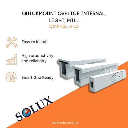 QuickMount Solar Splice, QSplice Internal, Light, Mill (QMR-ISL-A-15) marketing graphic featuring three silver mill-finish aluminum internal rail splice components designed for connecting and aligning structural mounting rails, displayed with icons for installation ease and system reliability.